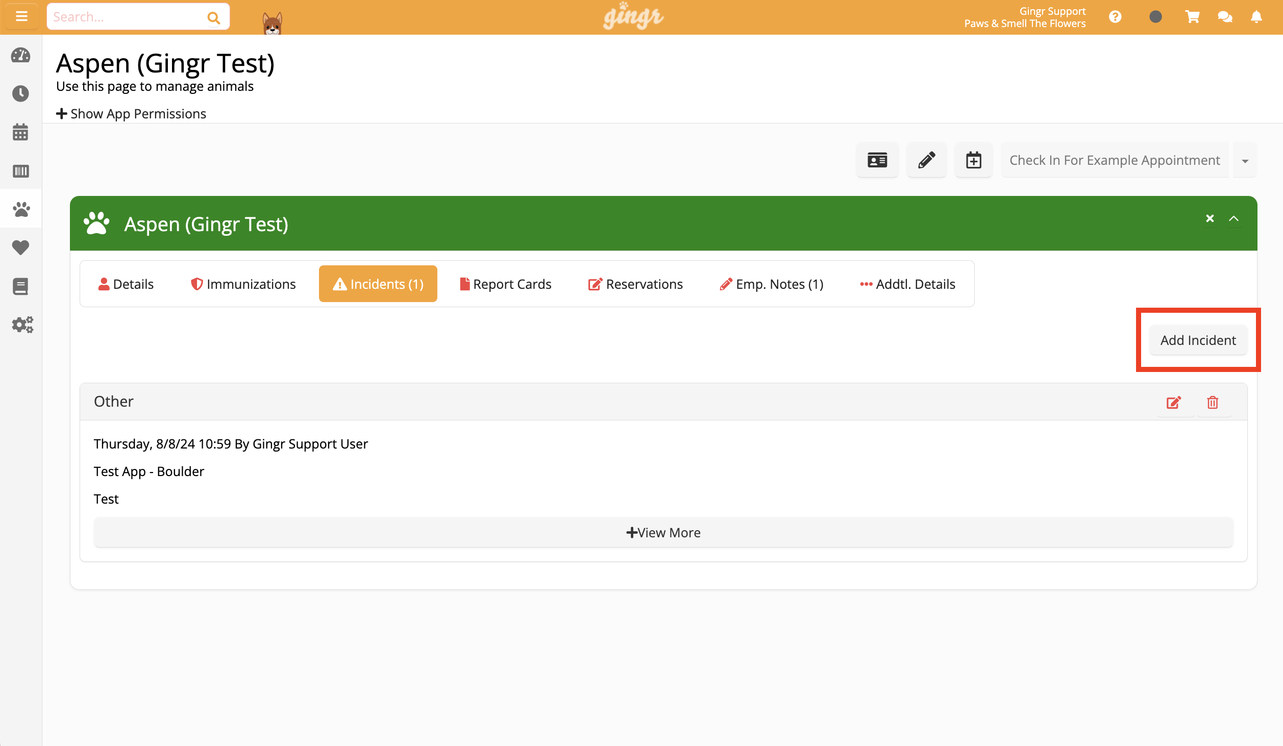 Animal management interface with 'Add Incident' button.