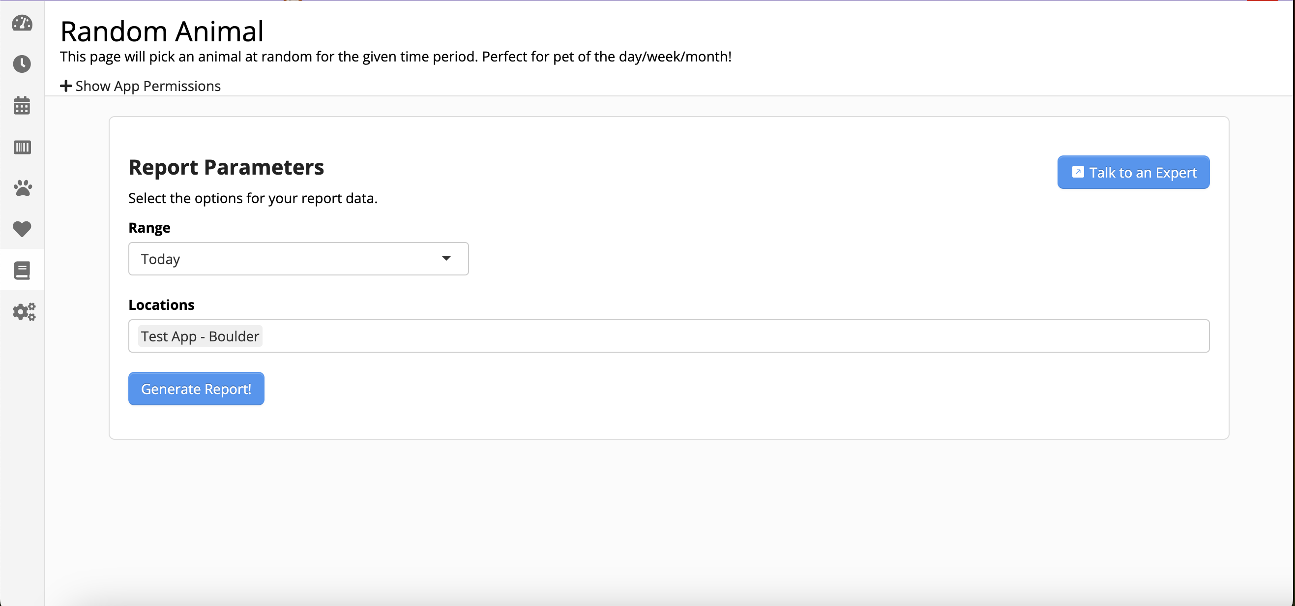 Random Animal" report generation page.
