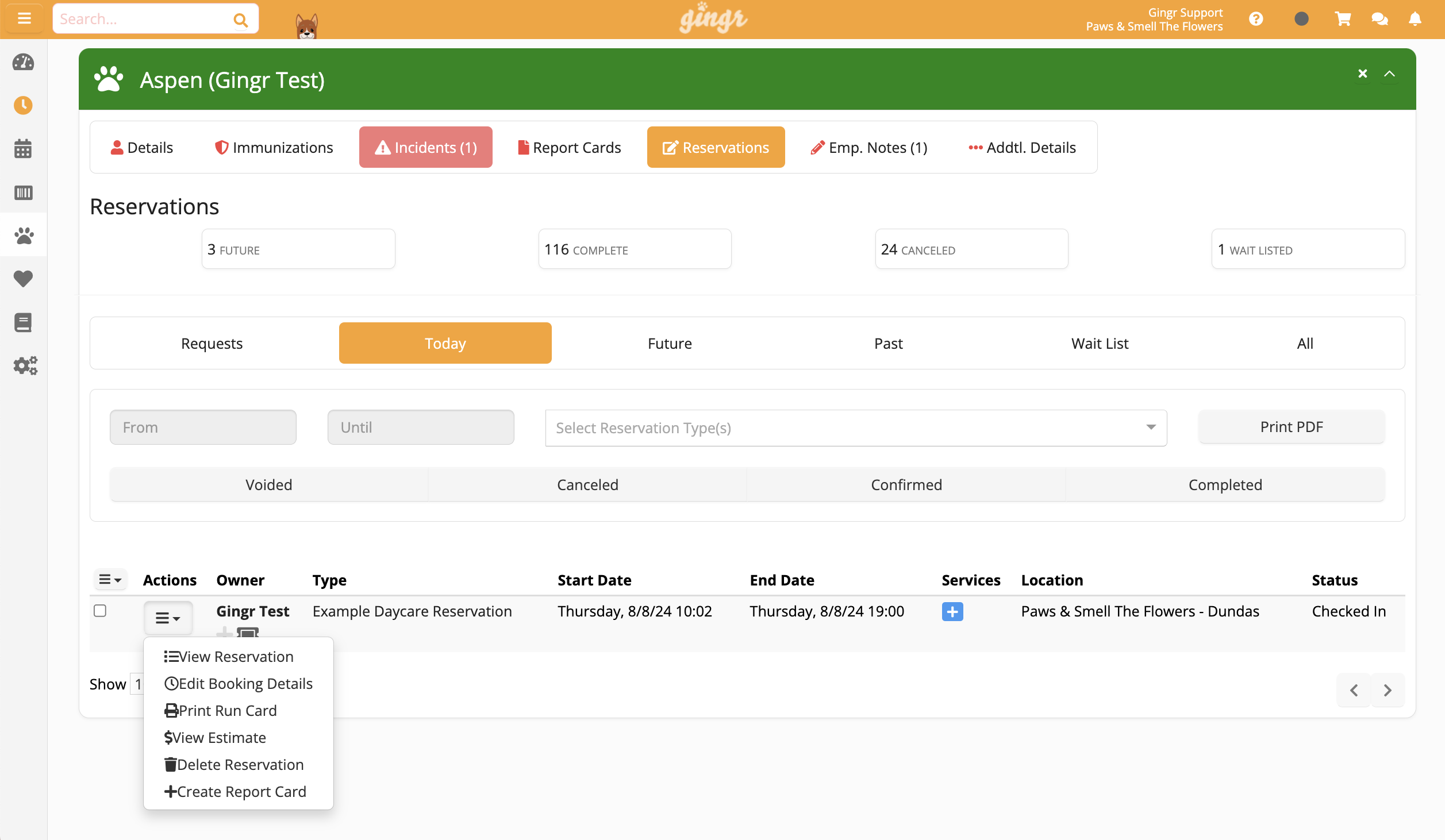 Reservation management dashboard interface.