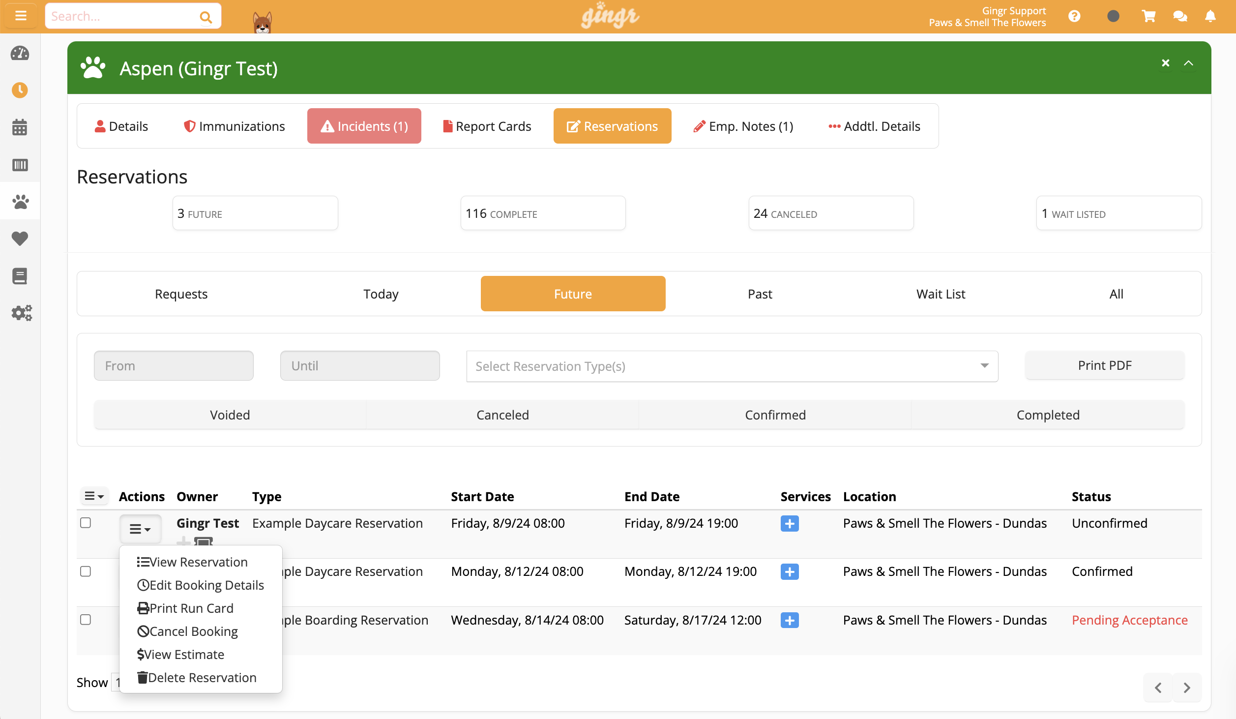 Reservation management dashboard interface.