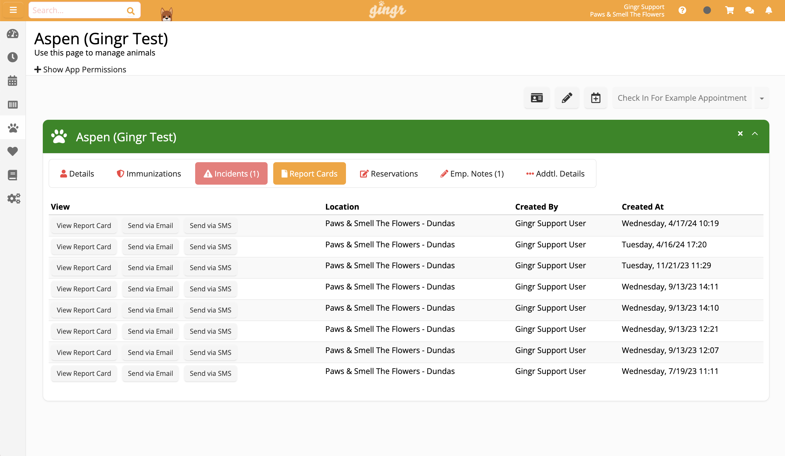 Animal management page with report card options.