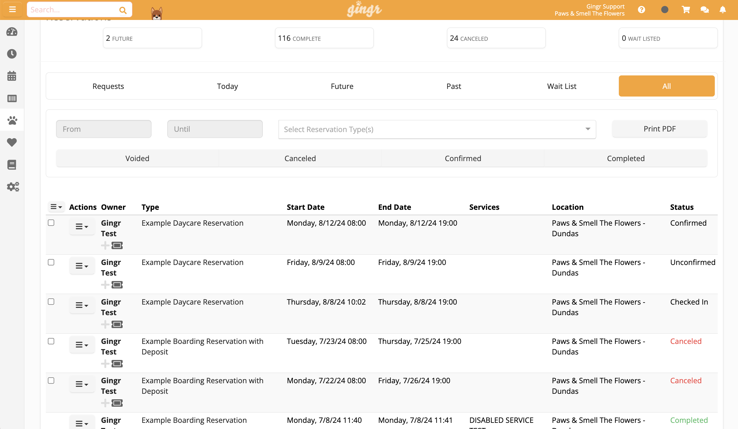 Reservation list with dates and statuses.