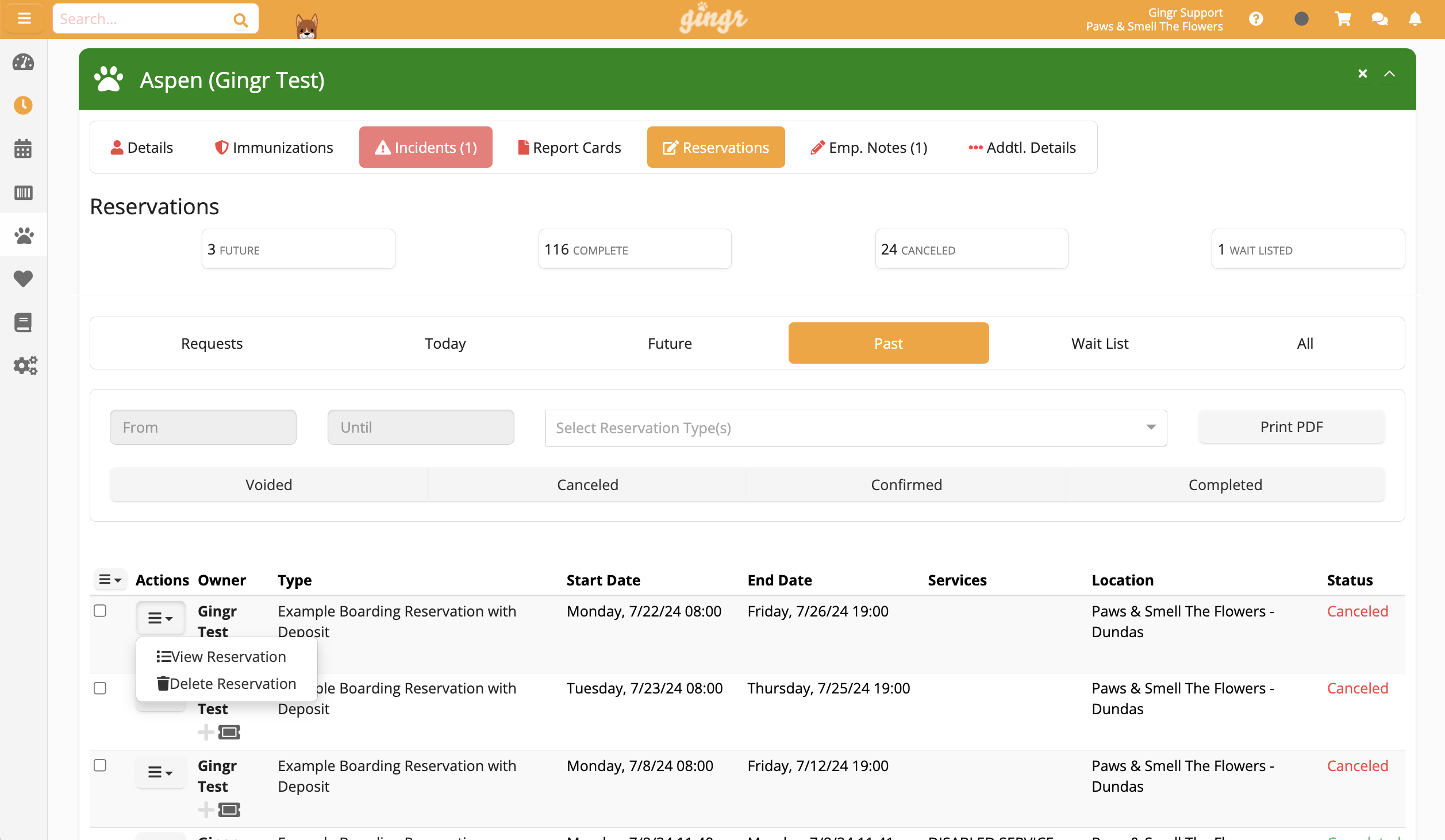 Reservation management interface screenshot.