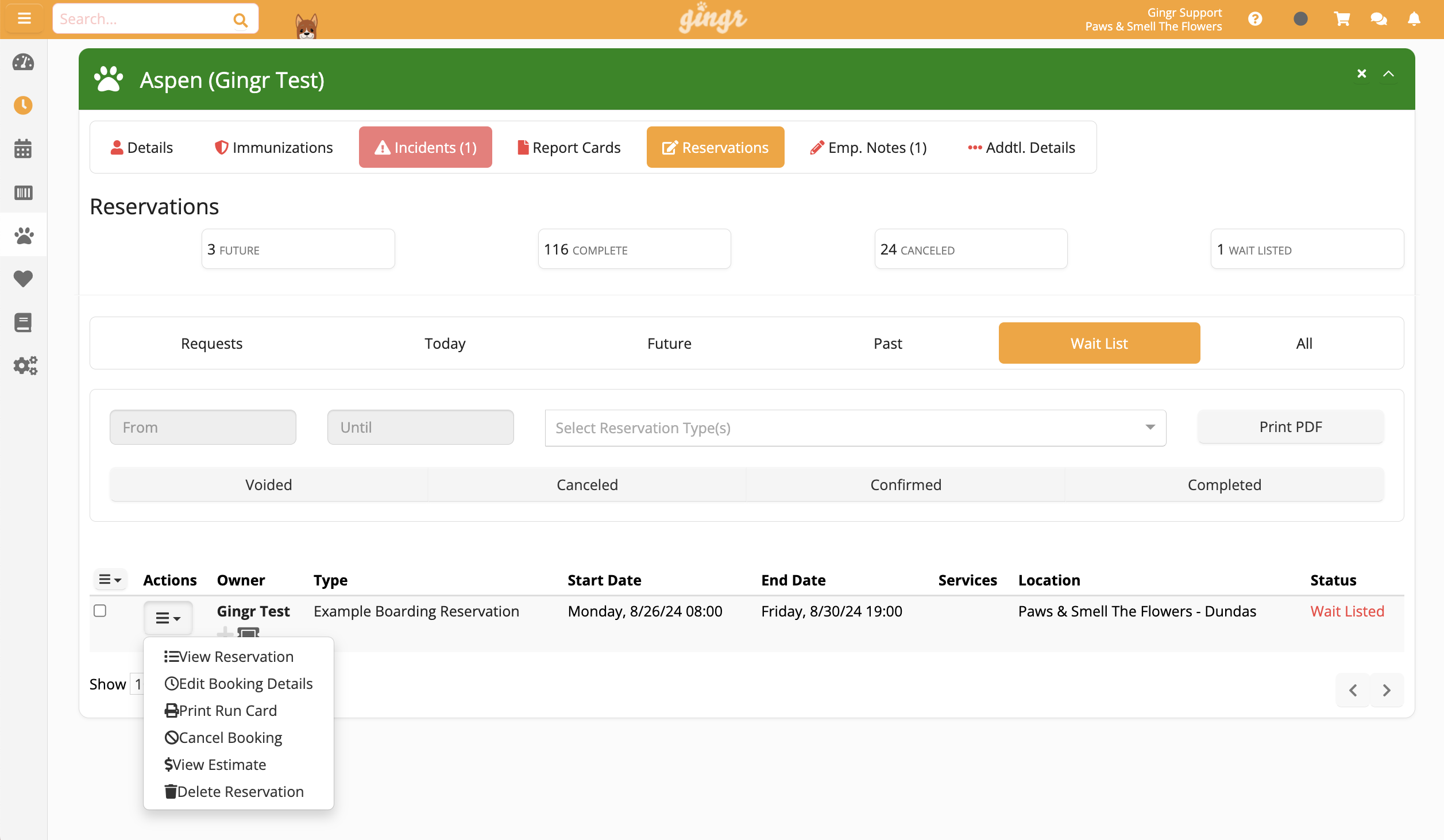 Reservation management dashboard screenshot.