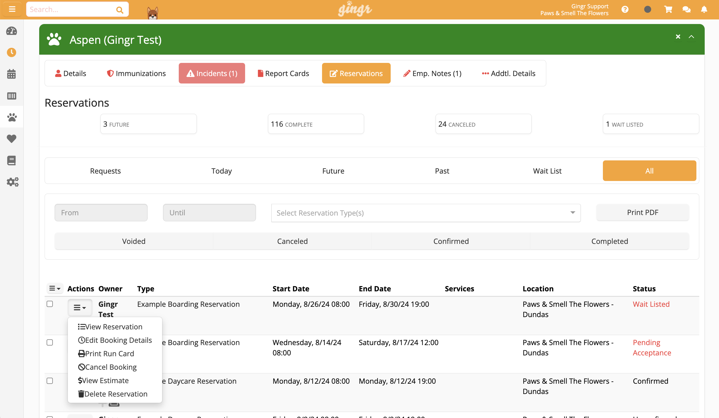 Reservation management dashboard screenshot.