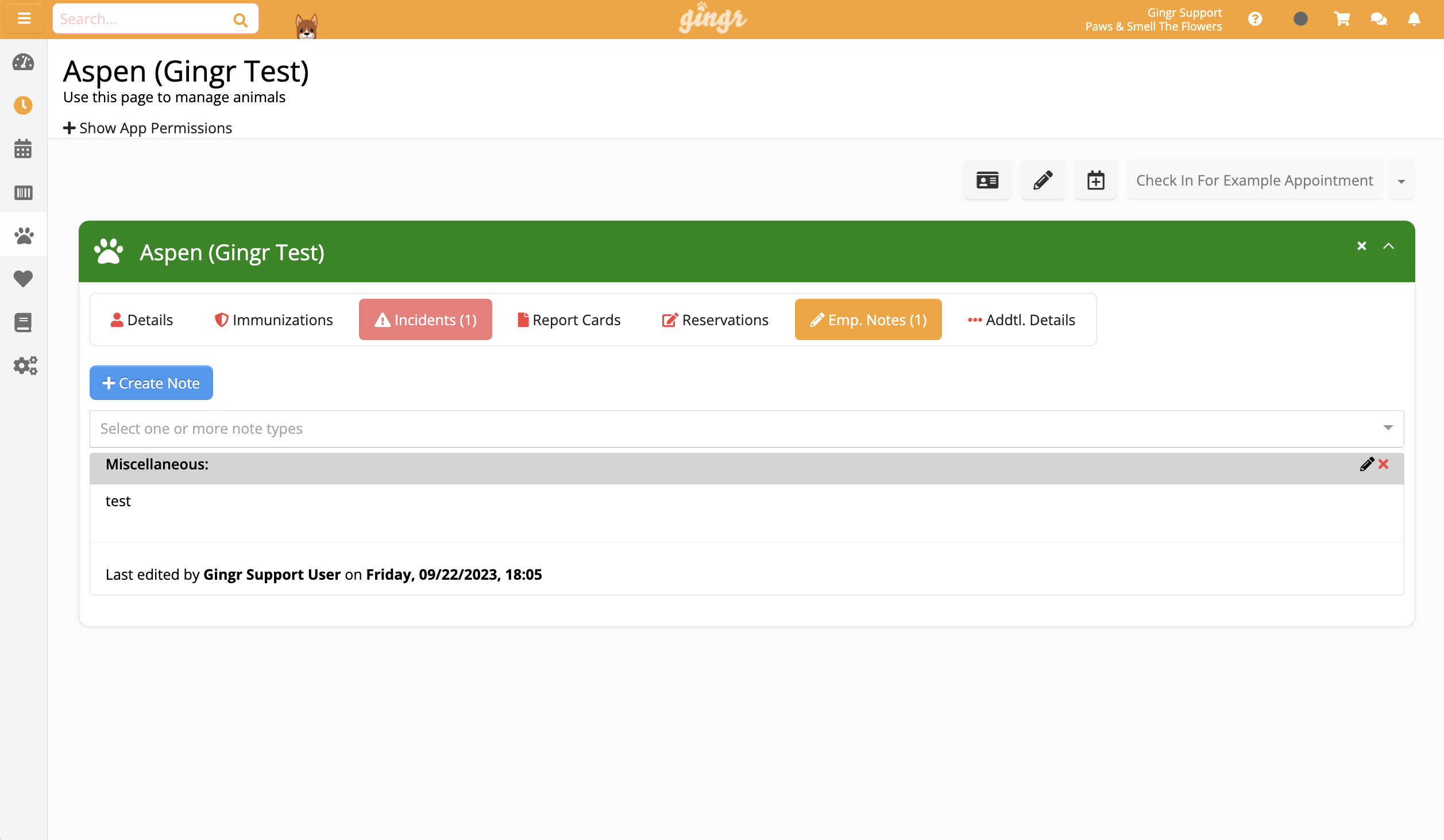Animal management interface with notes section.