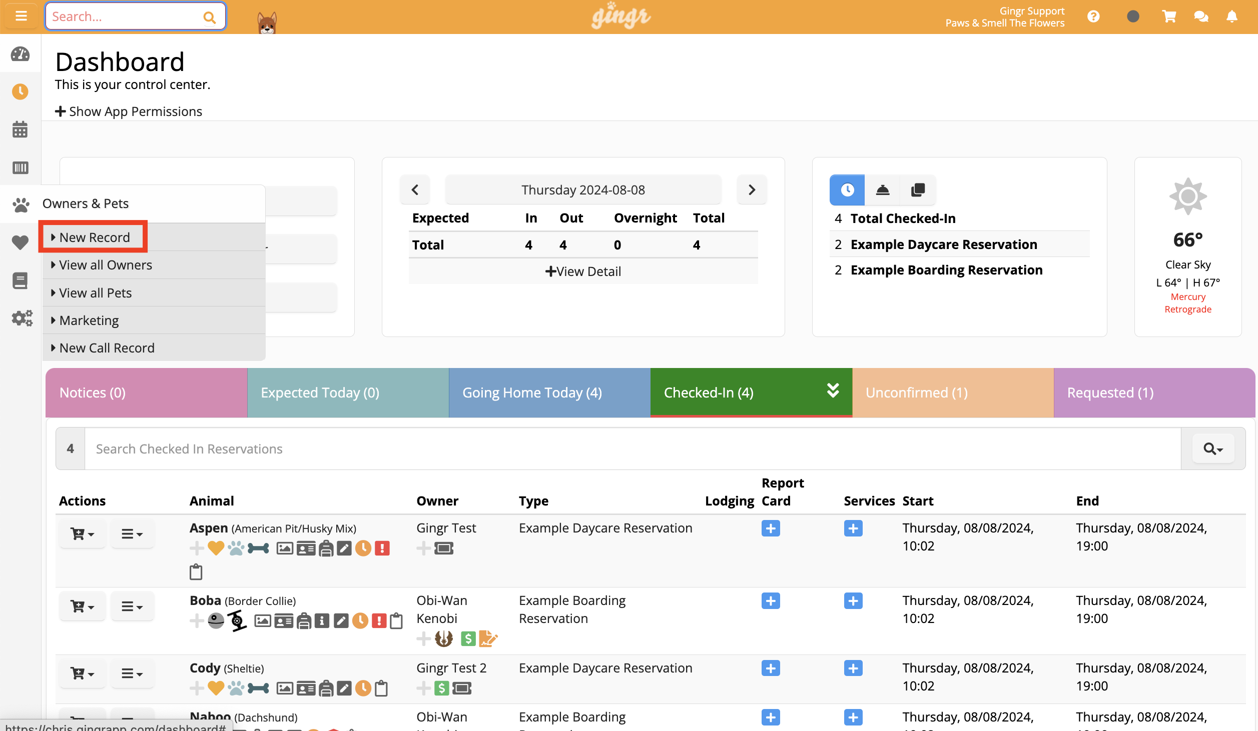 Dashboard with pet reservation details