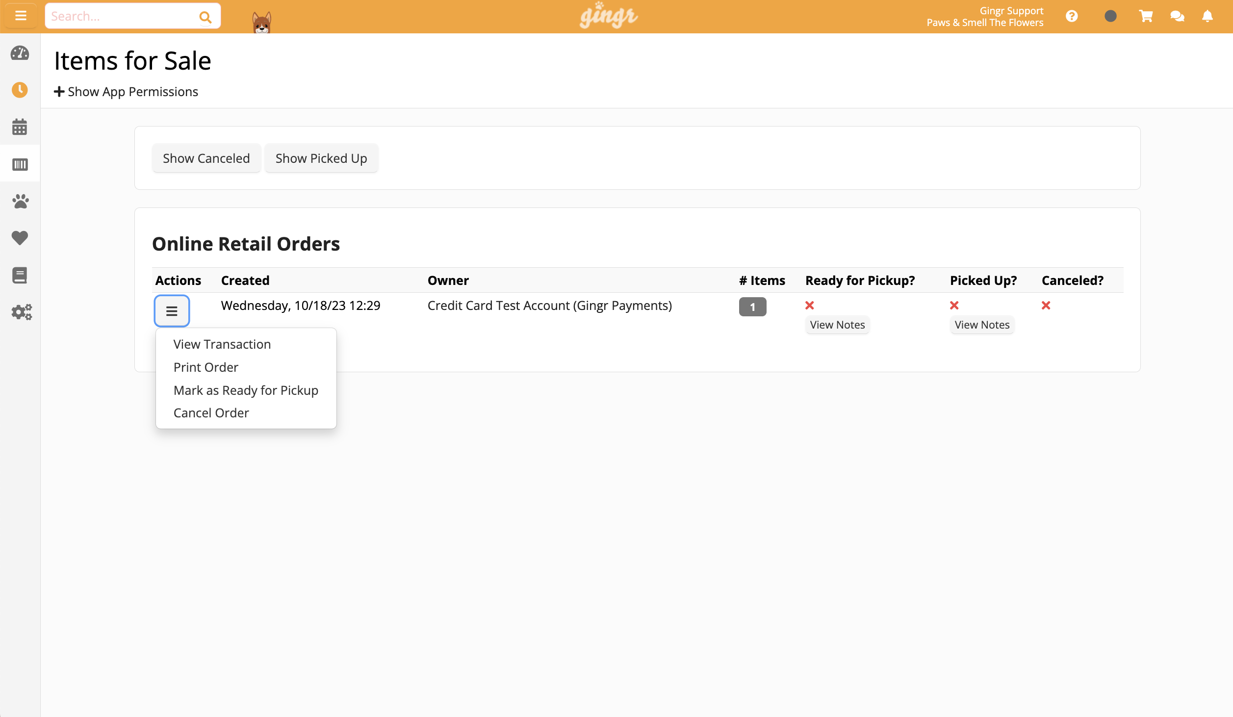 Online retail orders management screen