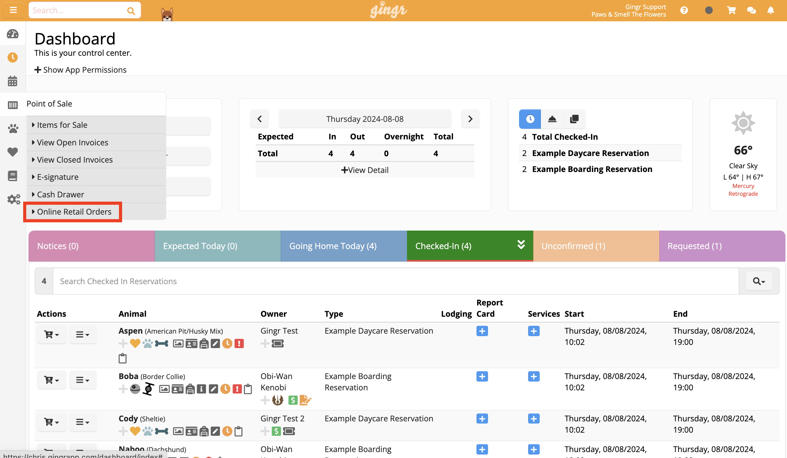 Dashboard with pet reservation details