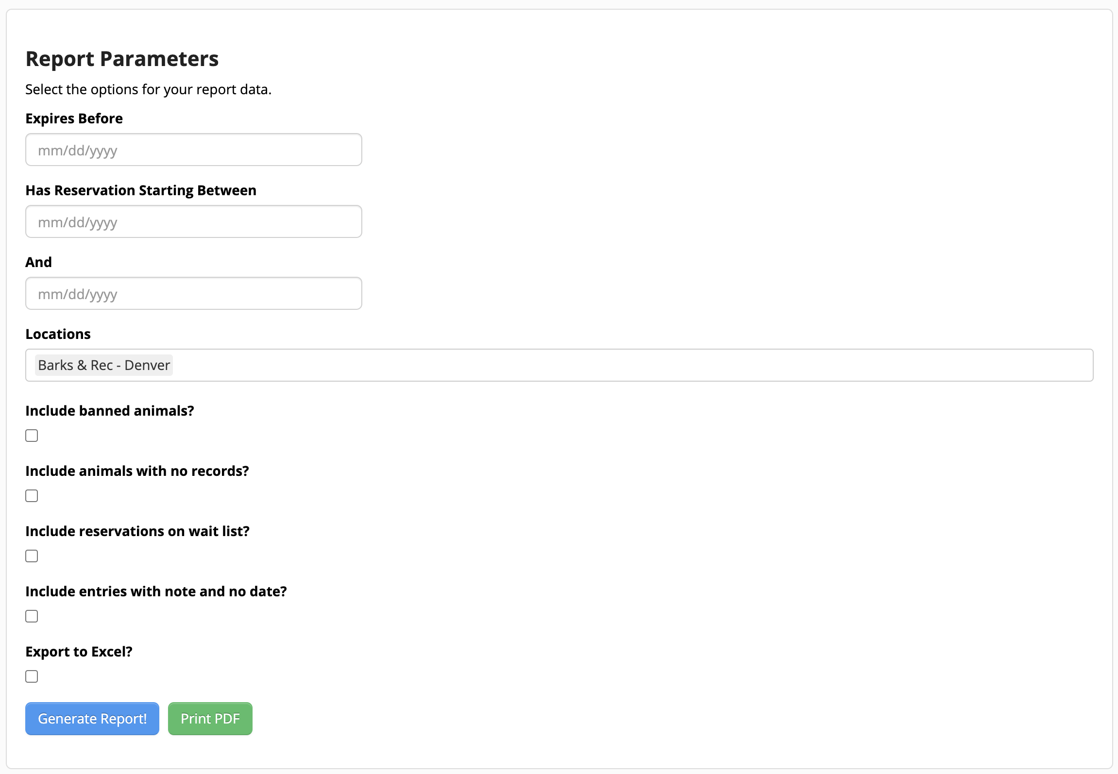 Report parameters form with checkboxes.