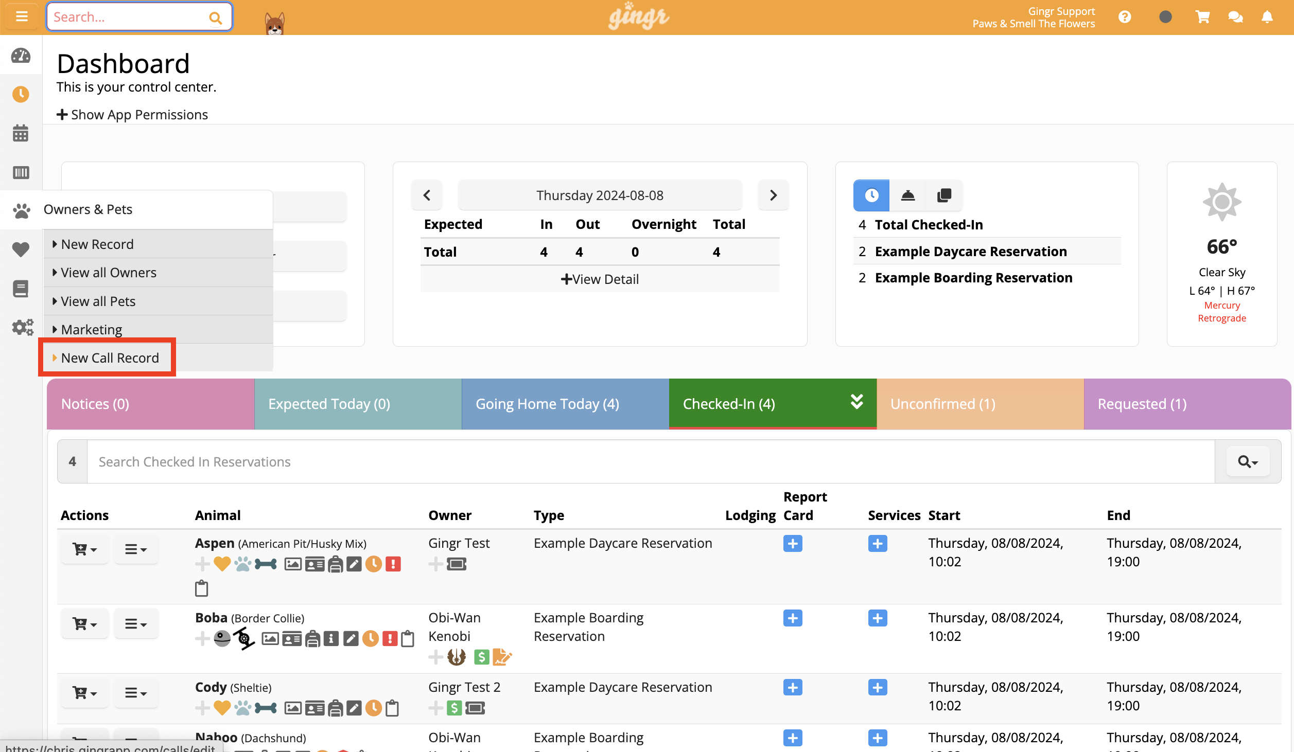 Dashboard with pet reservation details