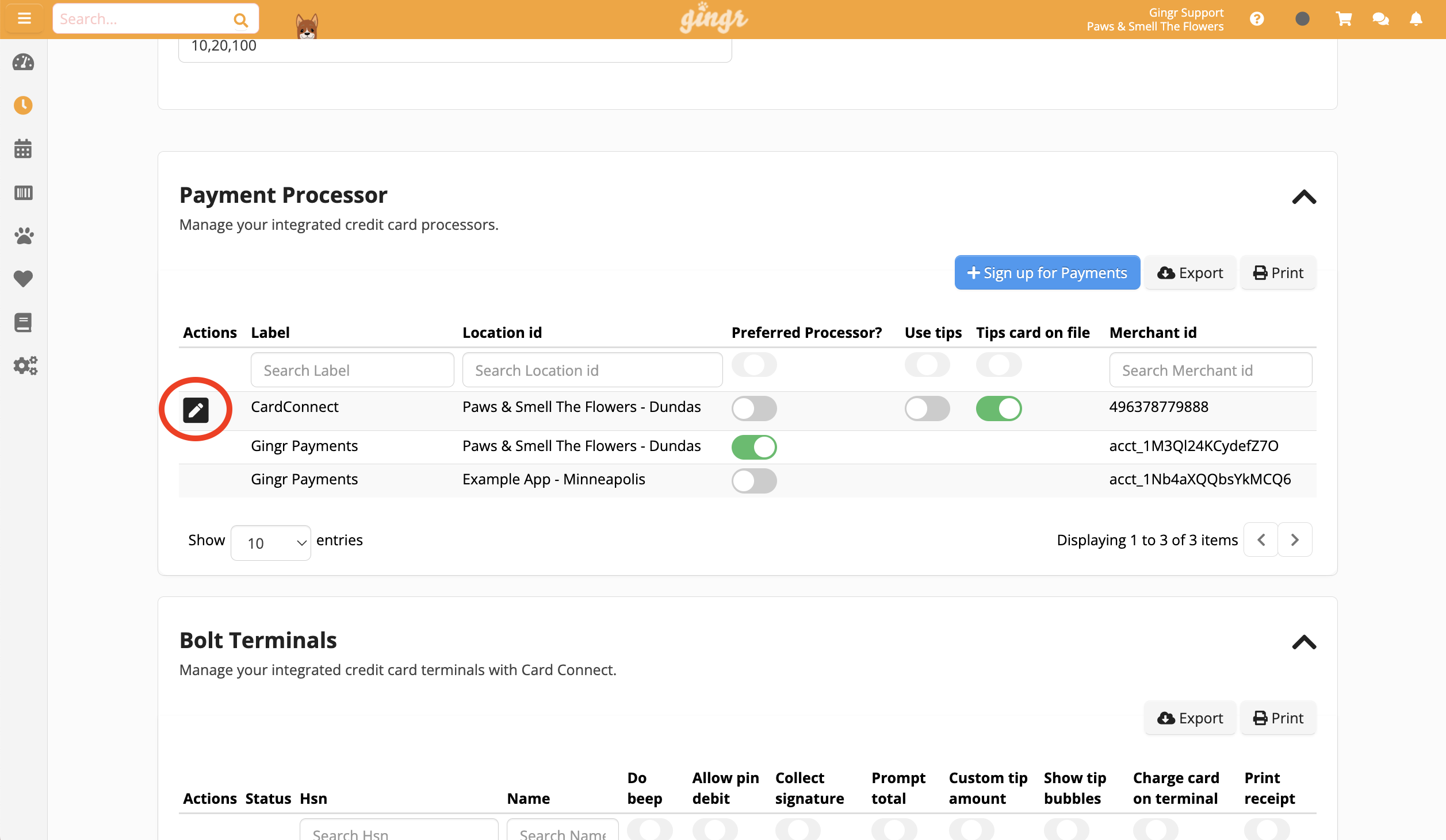 Payment processor settings interface