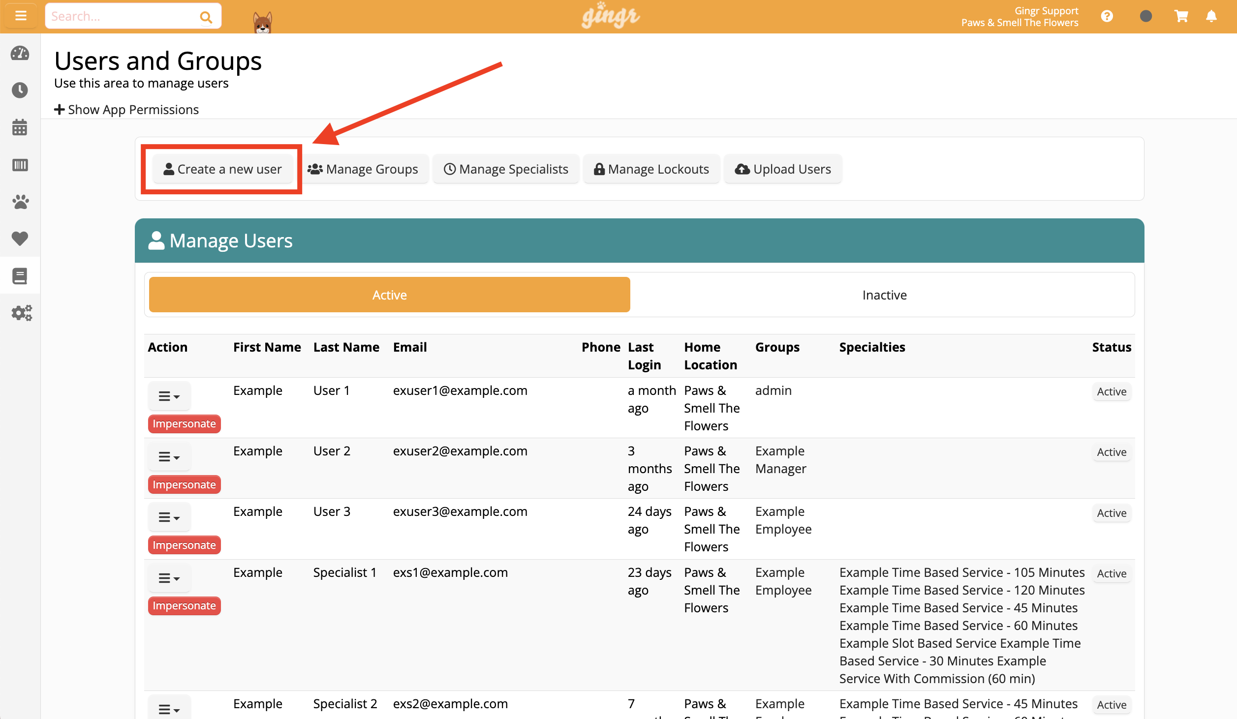 User management interface with user list.