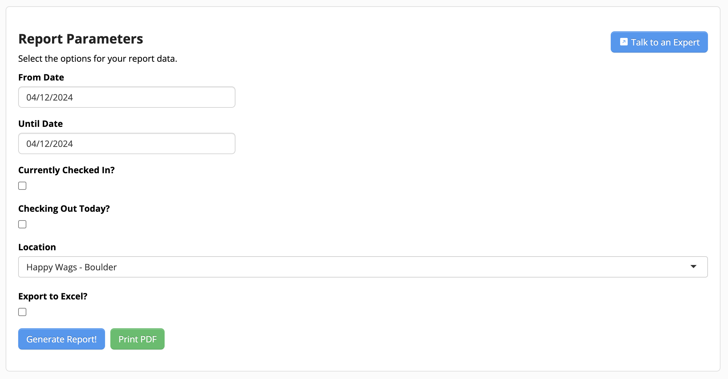 Report parameters form with date fields.