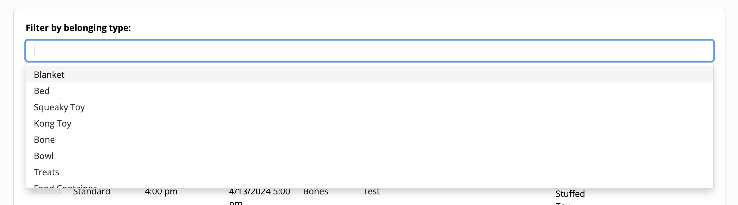 Dropdown menu with pet item types.