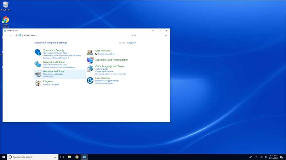 Windows Control Panel on blue desktop background