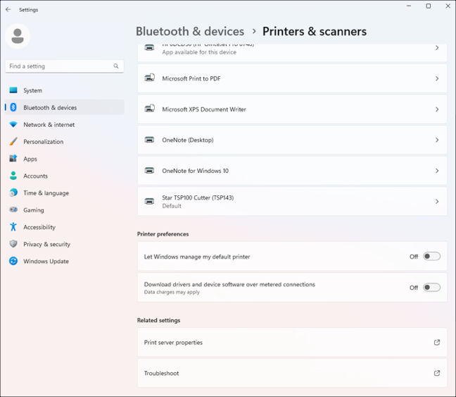 Printers and scanners settings screen.