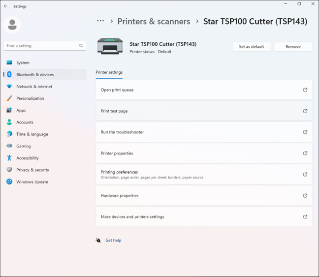 Printer settings menu screen.