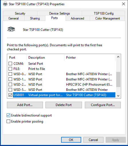 Printer properties settings window.