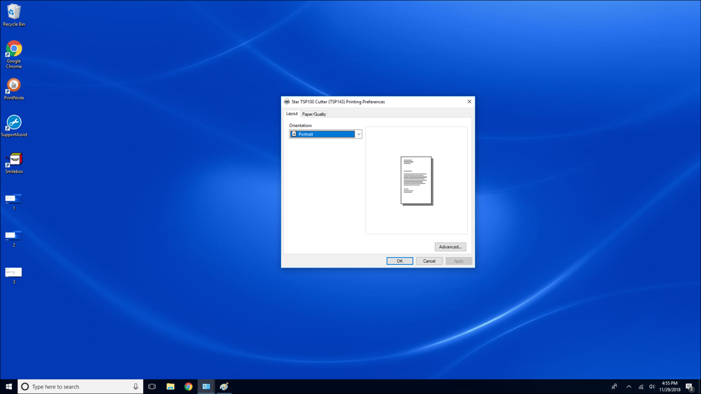 Printer settings window on desktop screen.