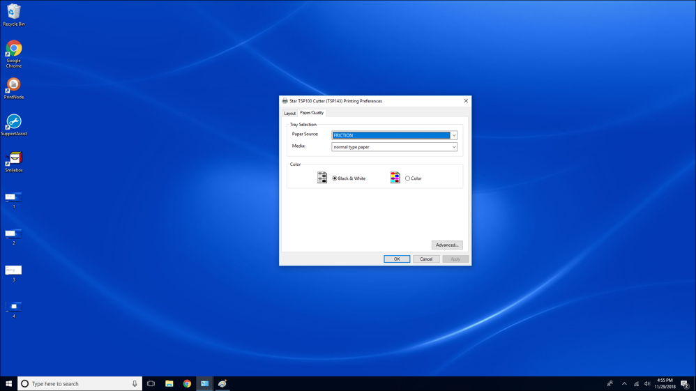 Printer settings window on desktop screen.
