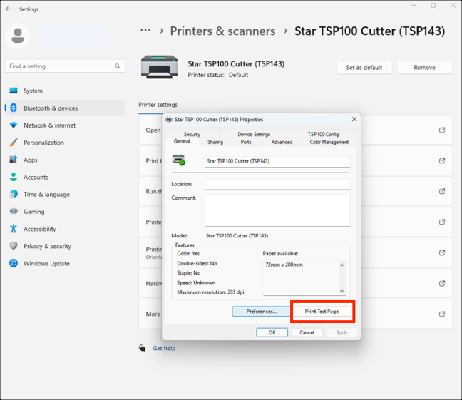 Printer properties window with 'Print Test Page'