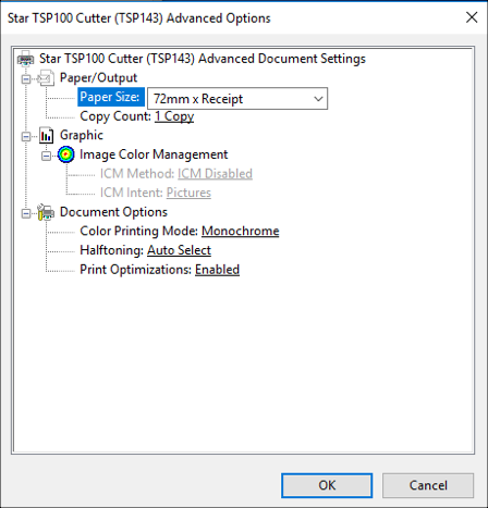 Printer settings window with paper size options.