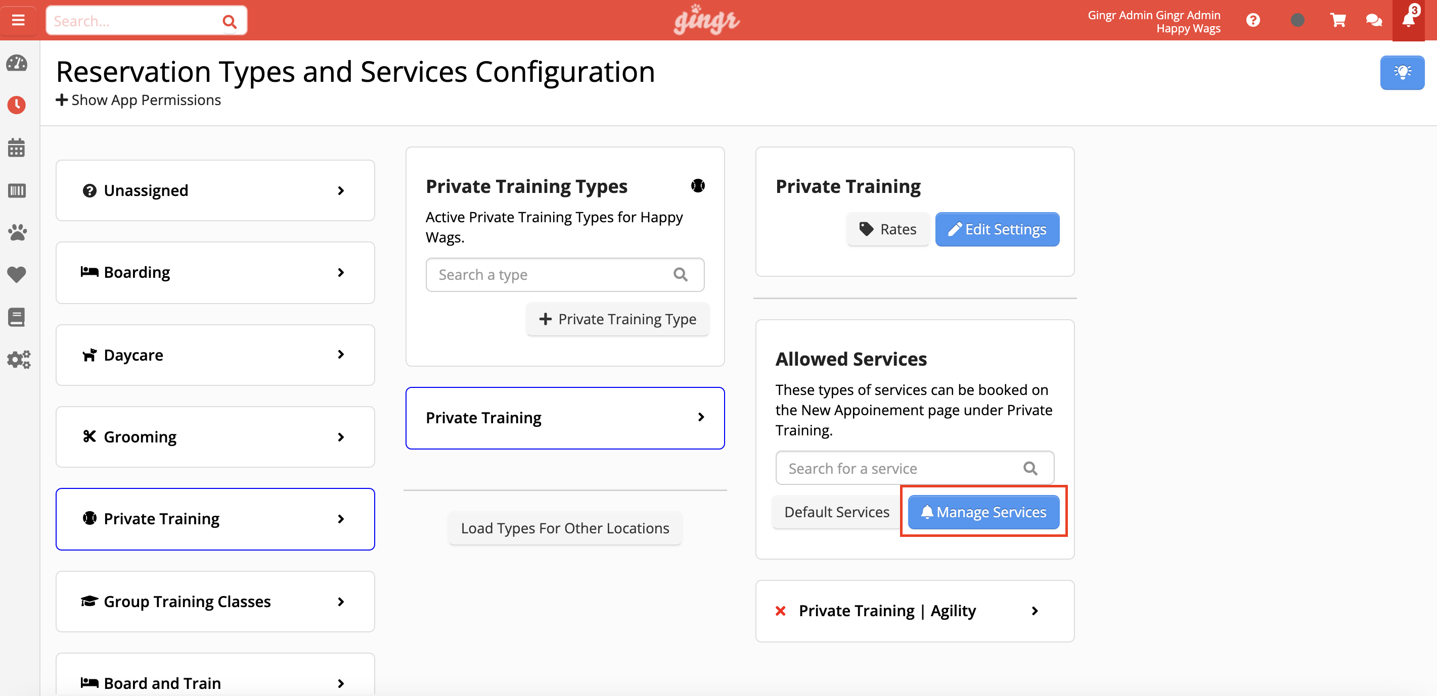 Reservation types and services configuration page