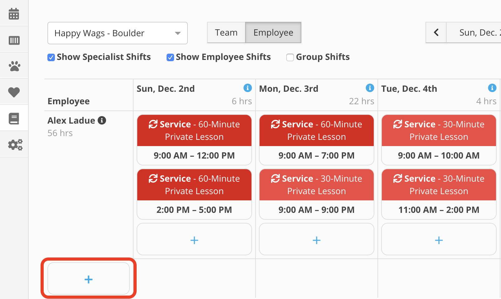 Employee schedule with private lessons
