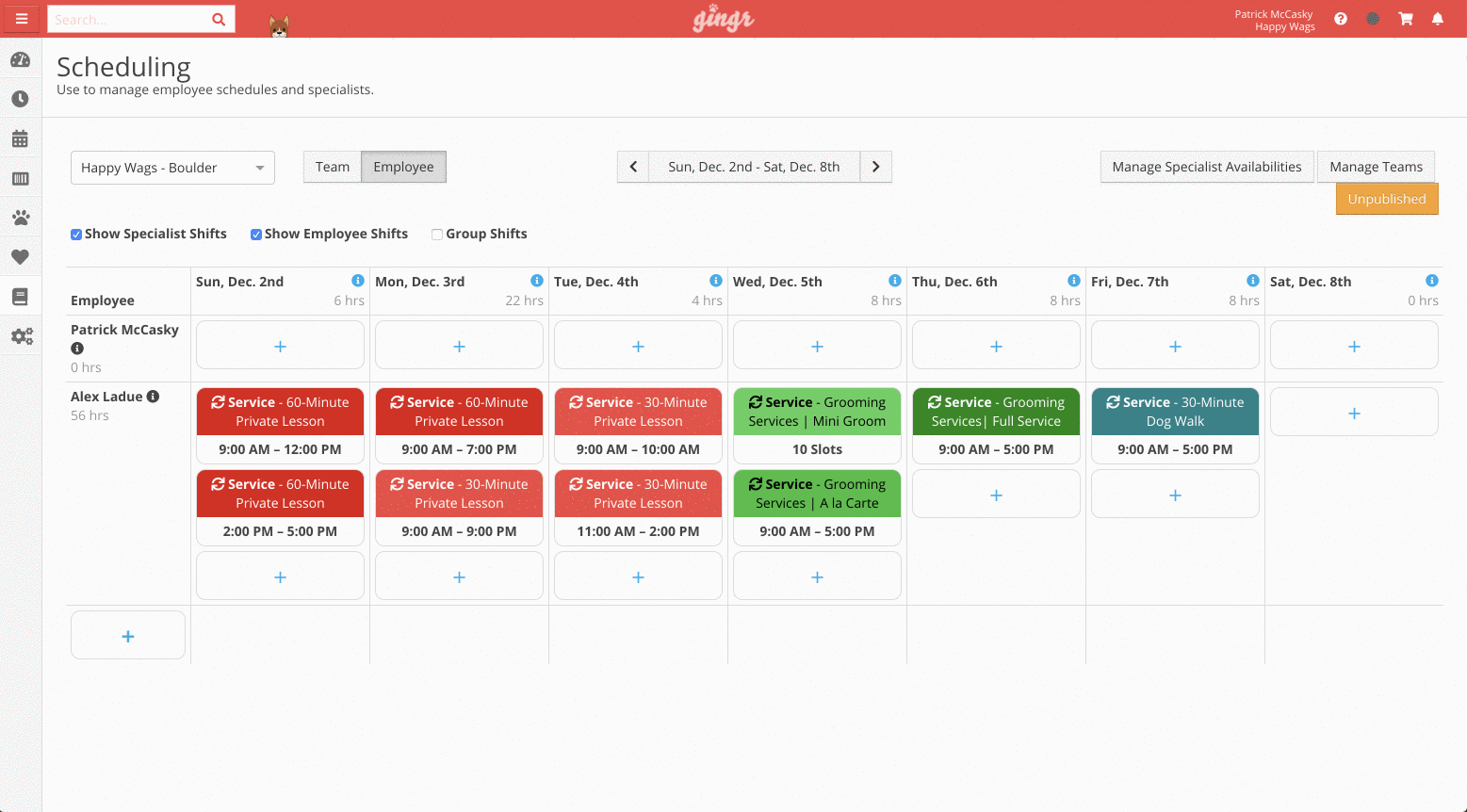 Employee scheduling interface screenshot.