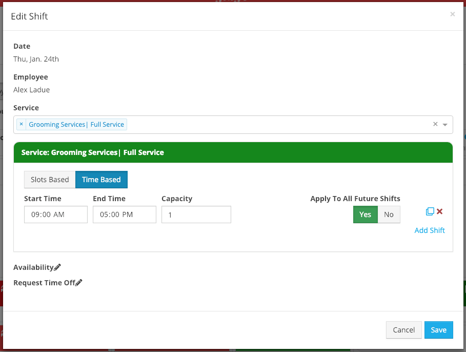 Shift editing interface with time settings.