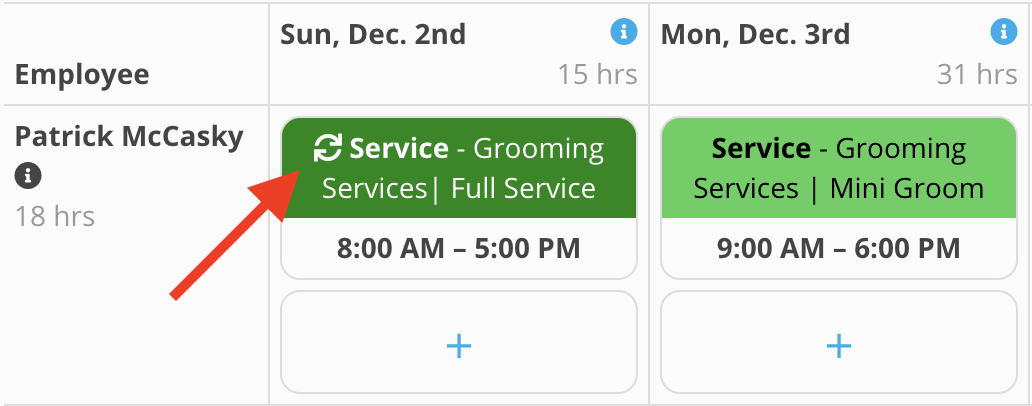 Employee schedule for grooming services.