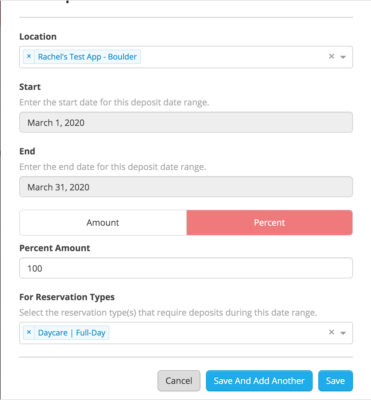 Form for deposit date range and reservation types.