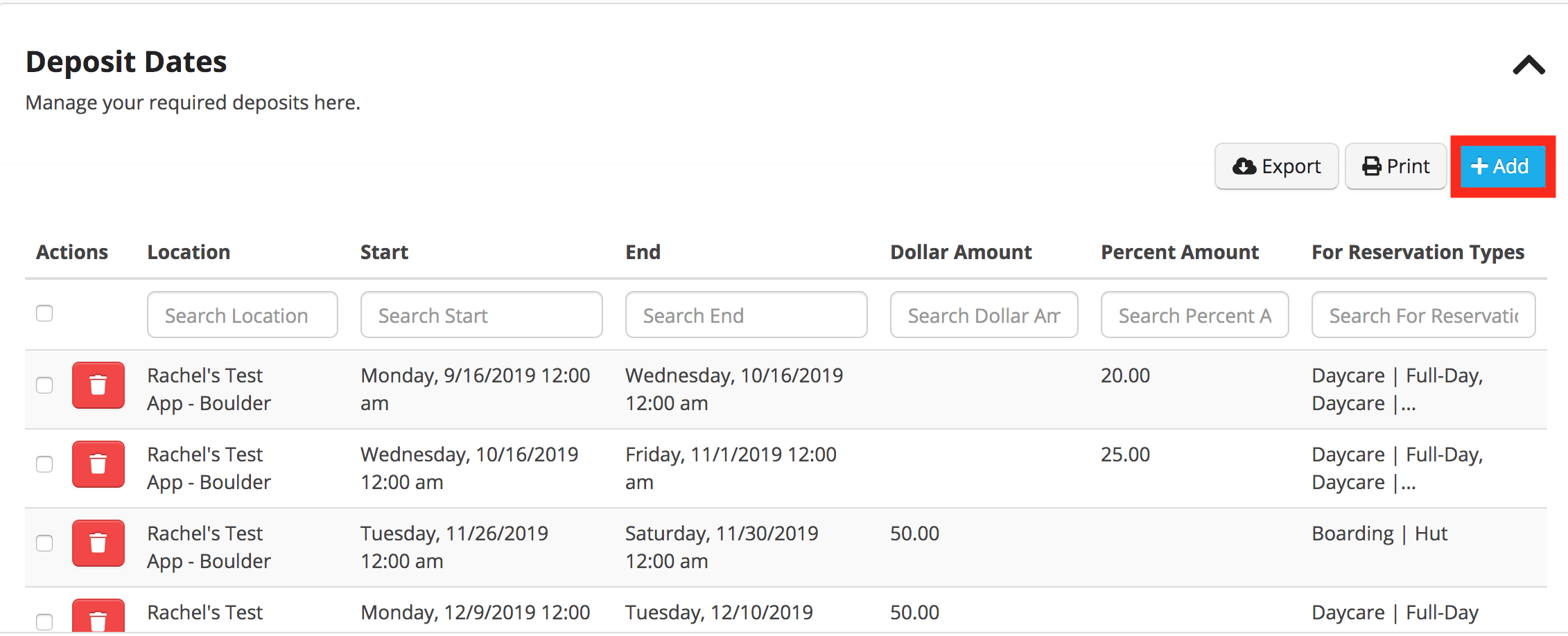 Deposit Dates management interface