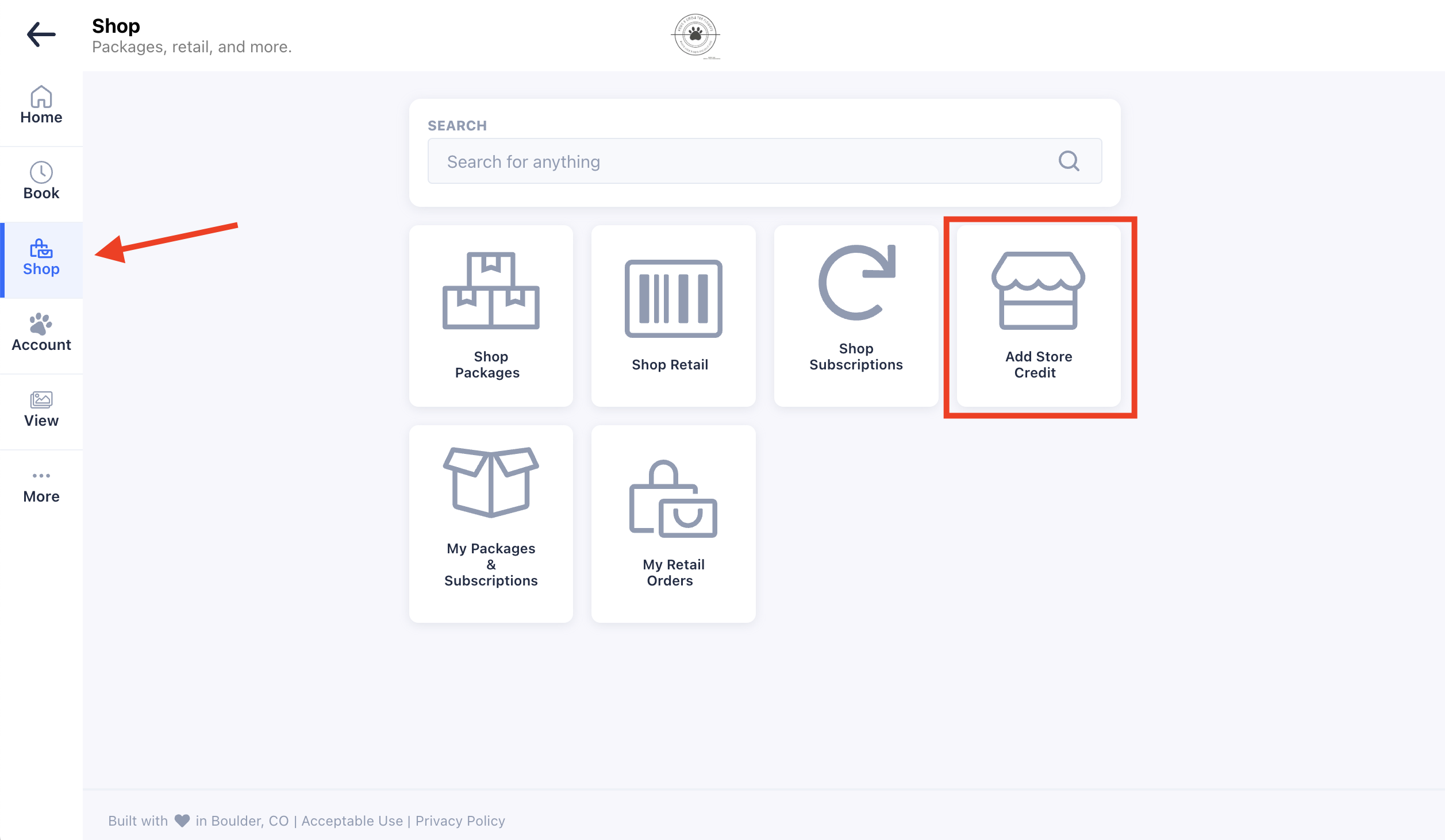 Shop menu with 'Add Store Credit' option.