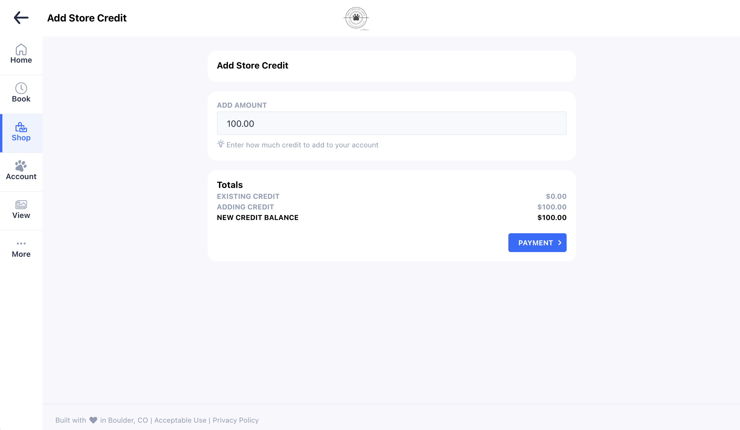 Add store credit screen with payment option.