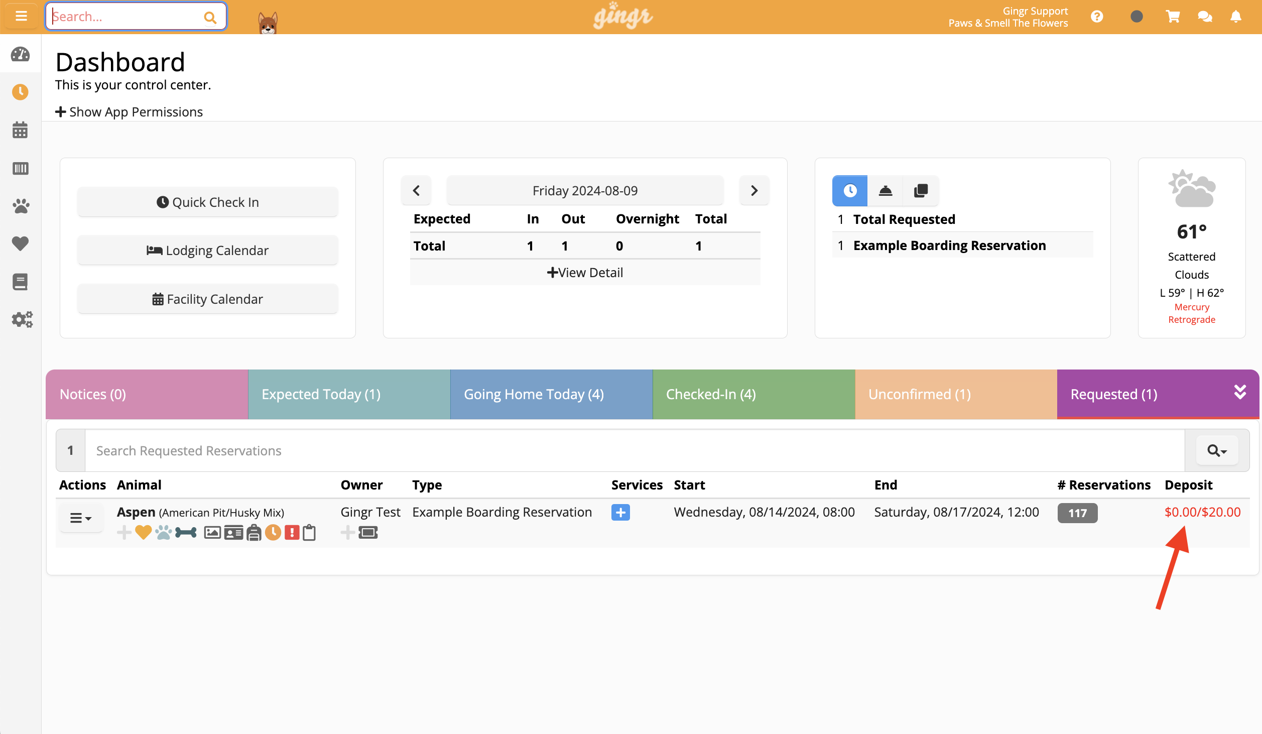 Dashboard with reservation details