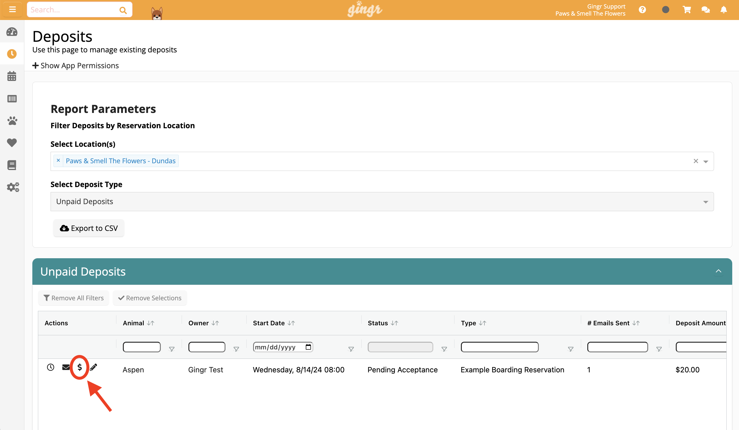 Unpaid deposits management screen.