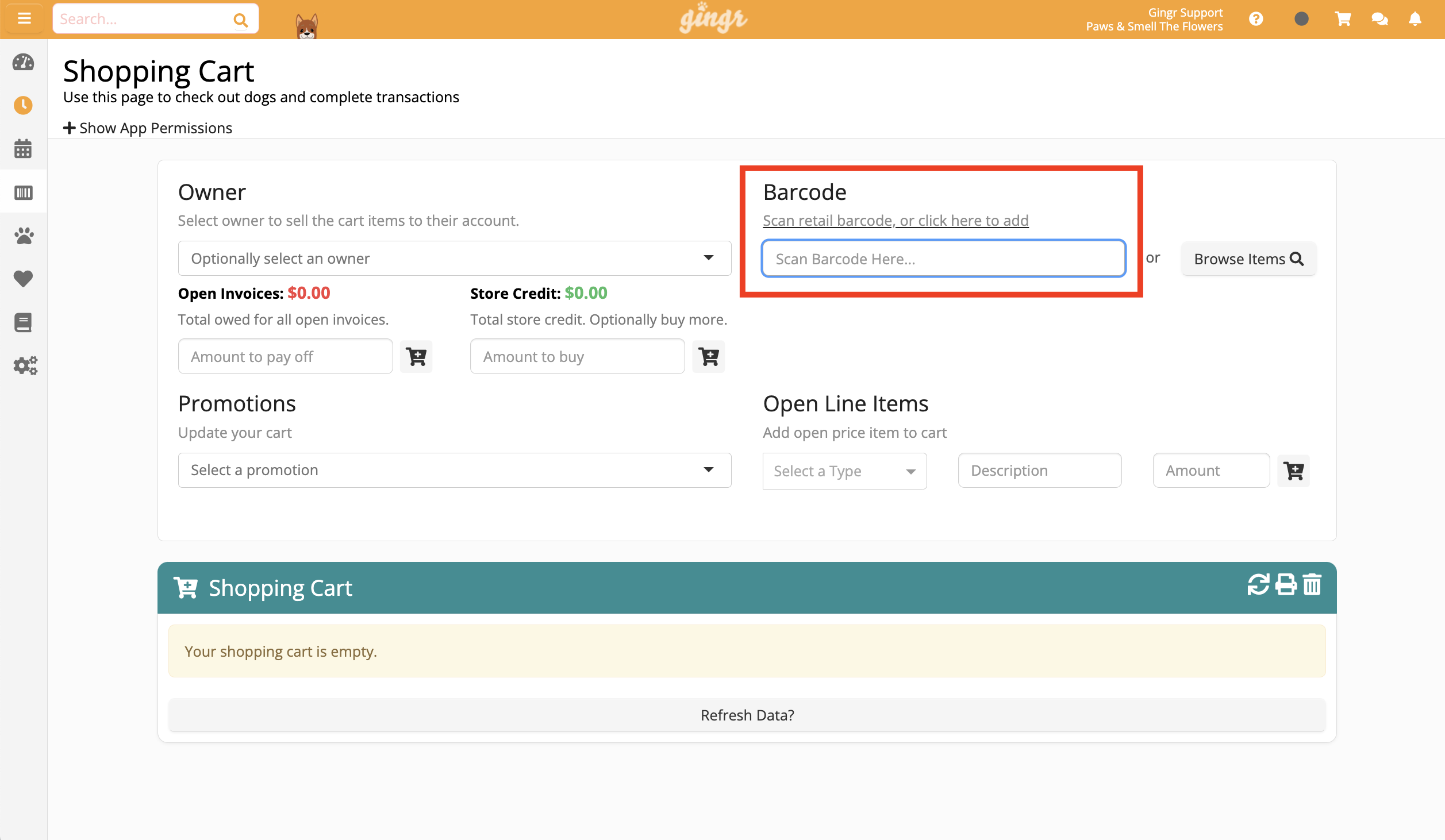 Shopping cart interface with barcode scanner.