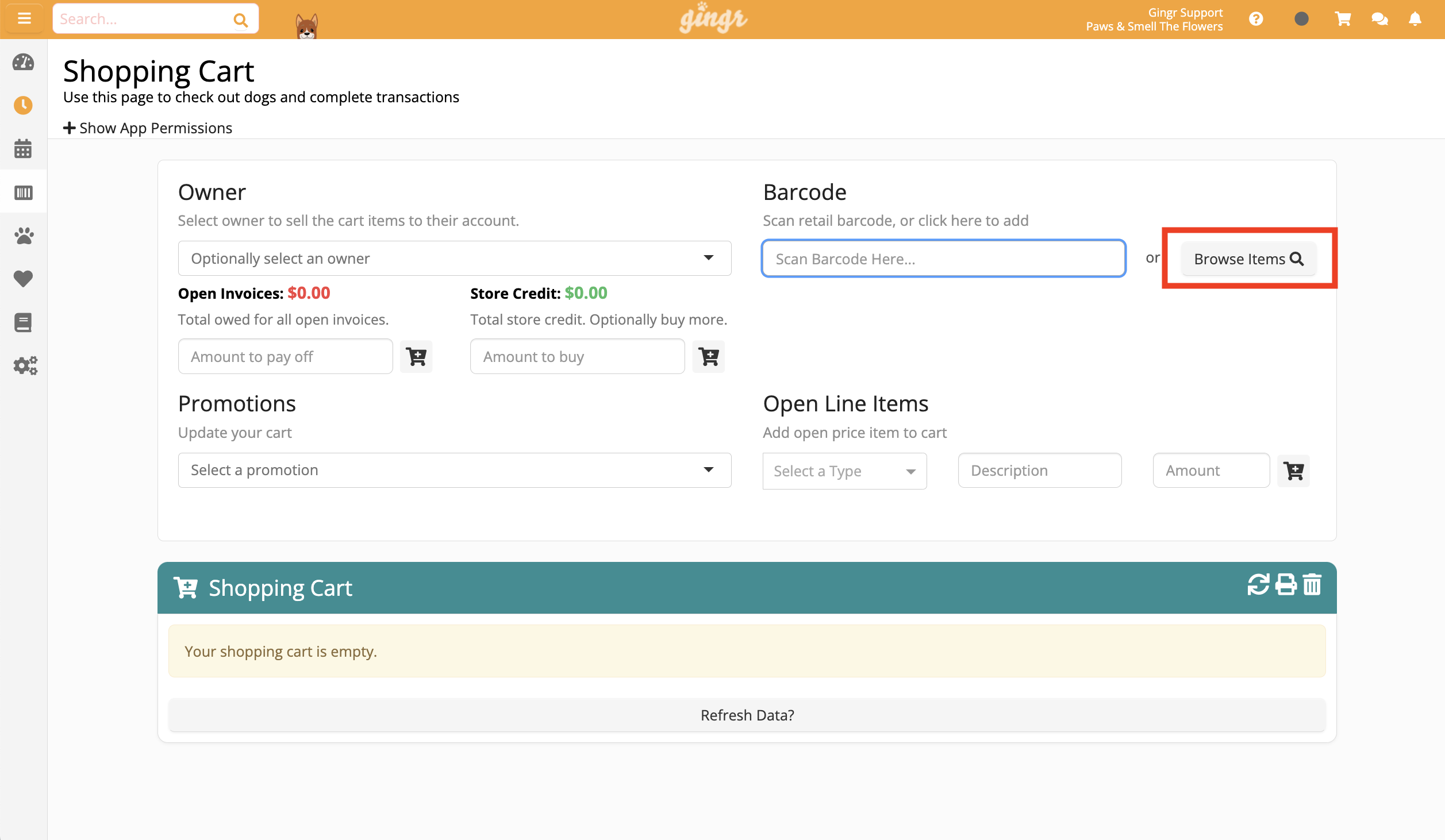 Shopping cart interface with empty cart.