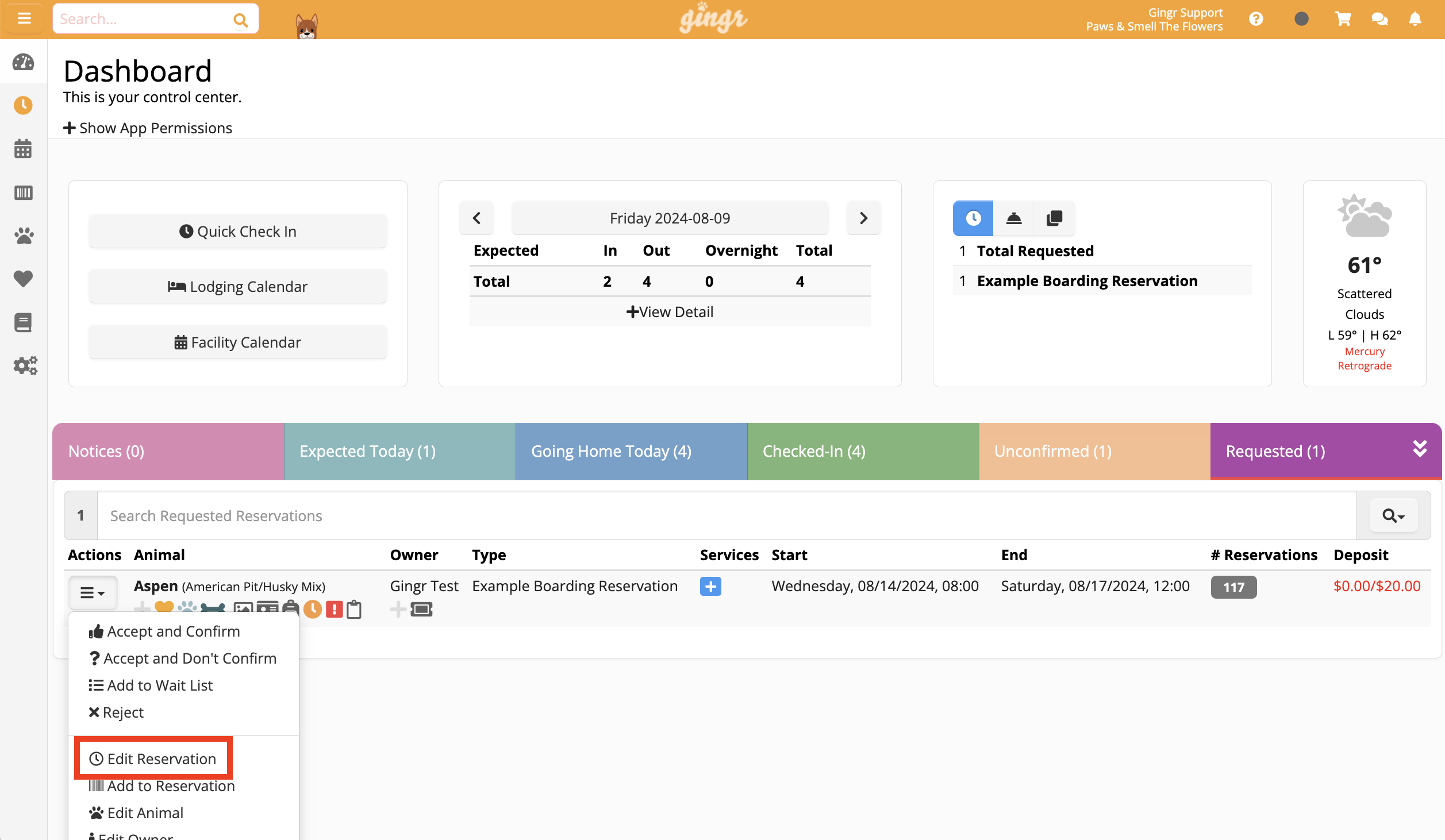Dashboard with reservation details
