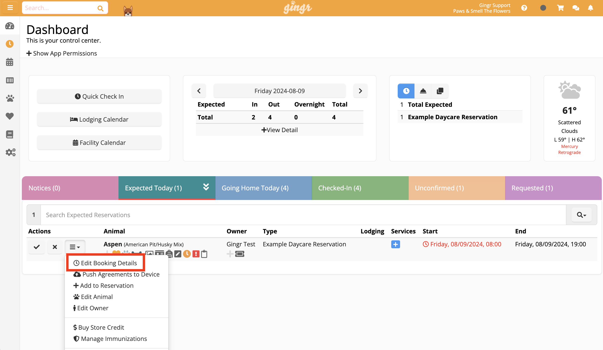 Dashboard with booking details menu open.