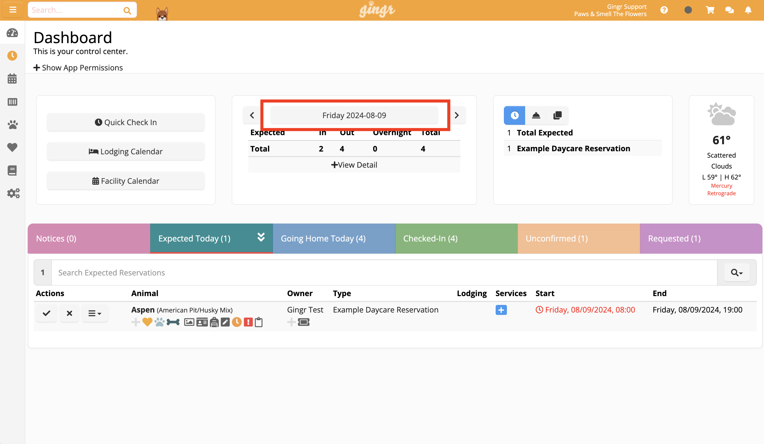 Dashboard with reservation details