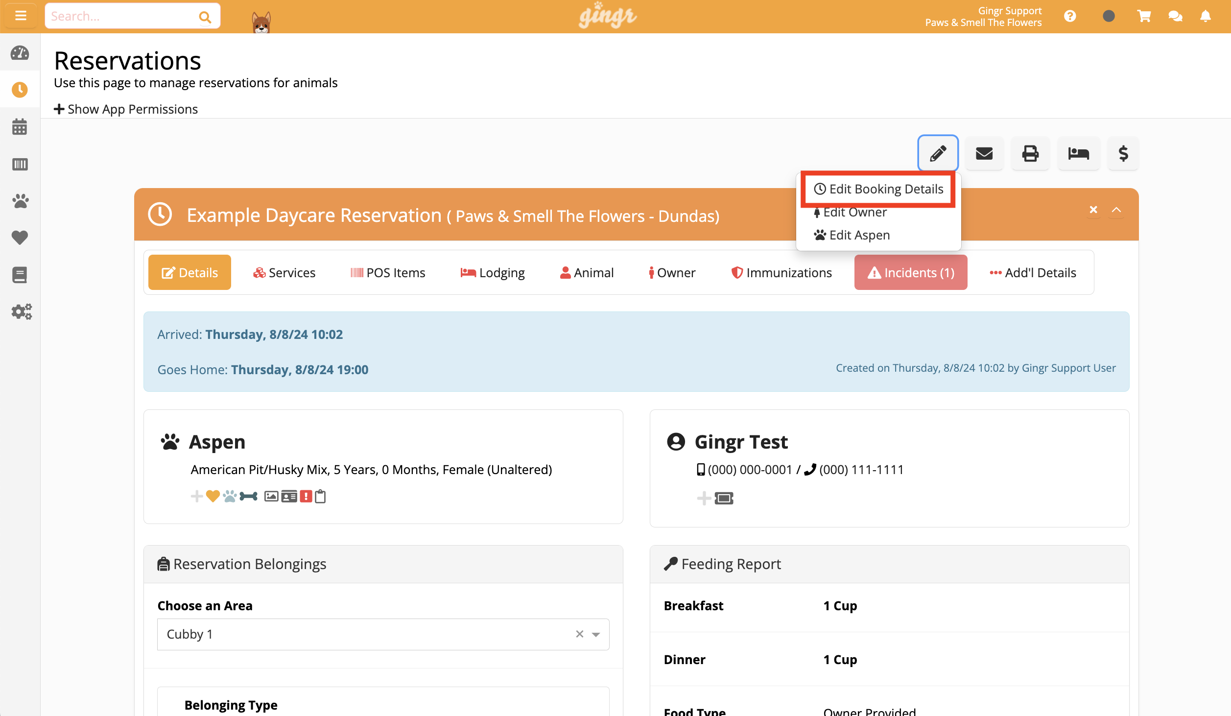 Animal daycare reservation details screen