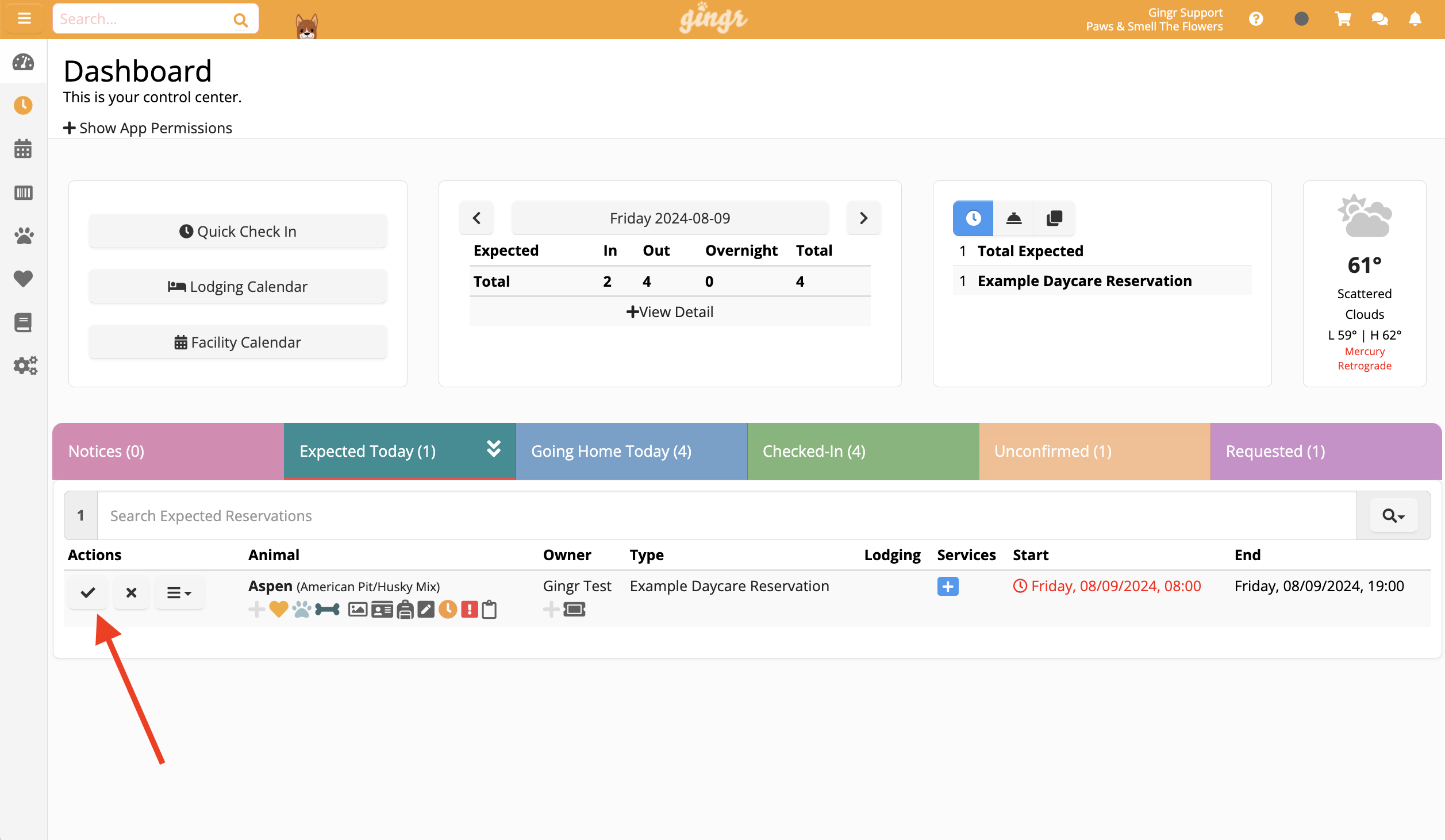 Dashboard with reservation details