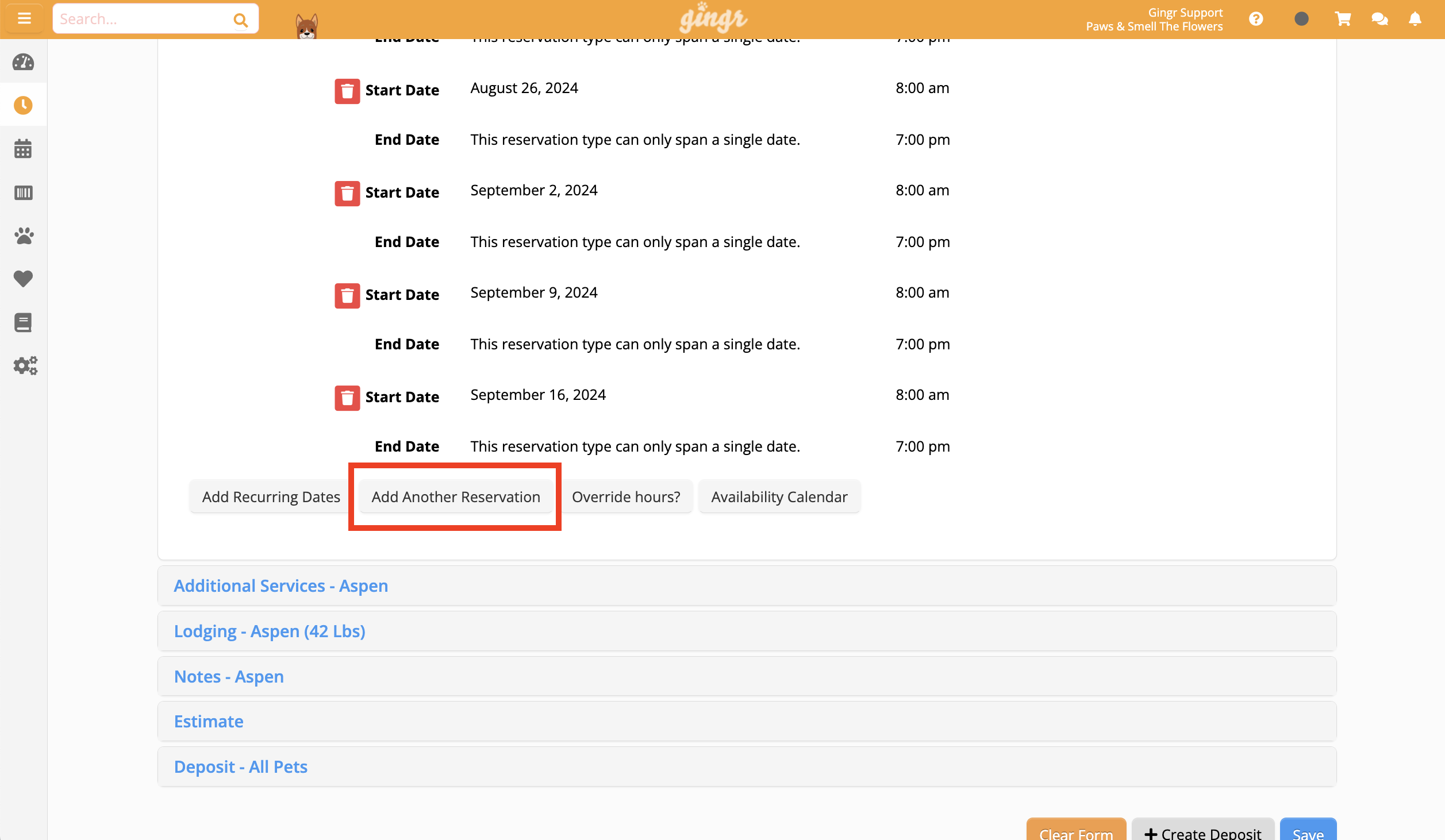 Reservation dates and options interface.