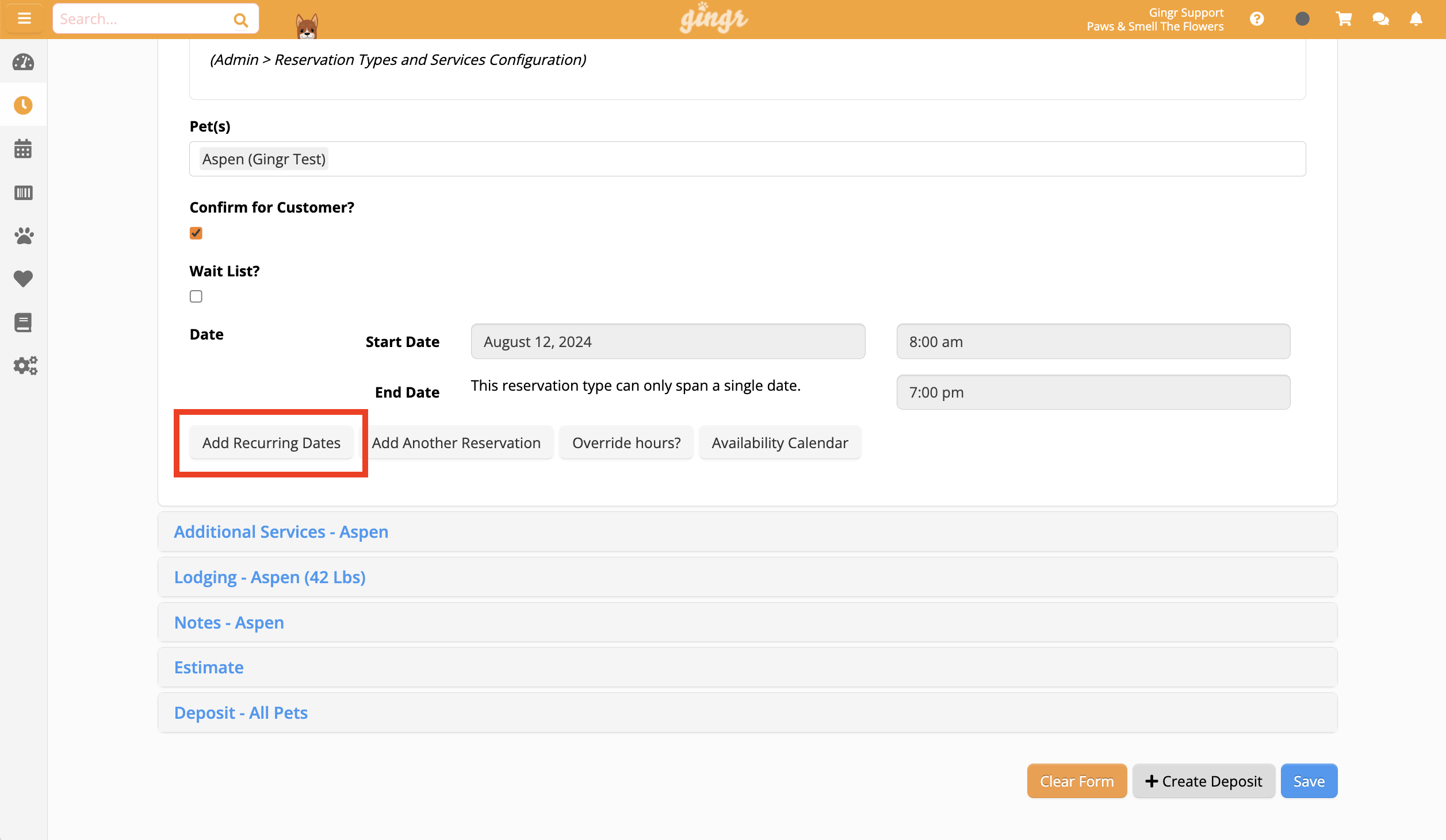 Reservation form with date and time fields.