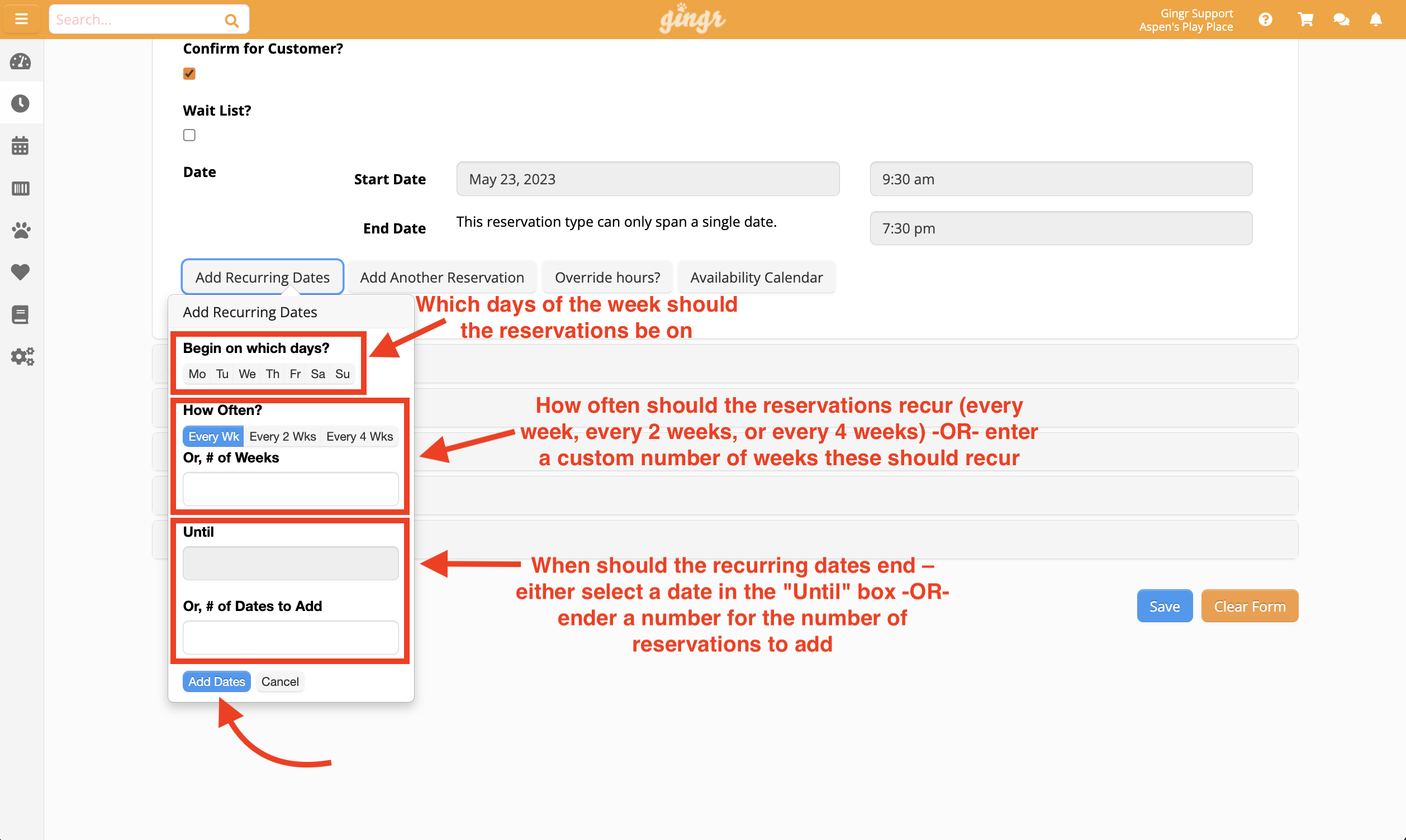 Reservation scheduling interface with options.