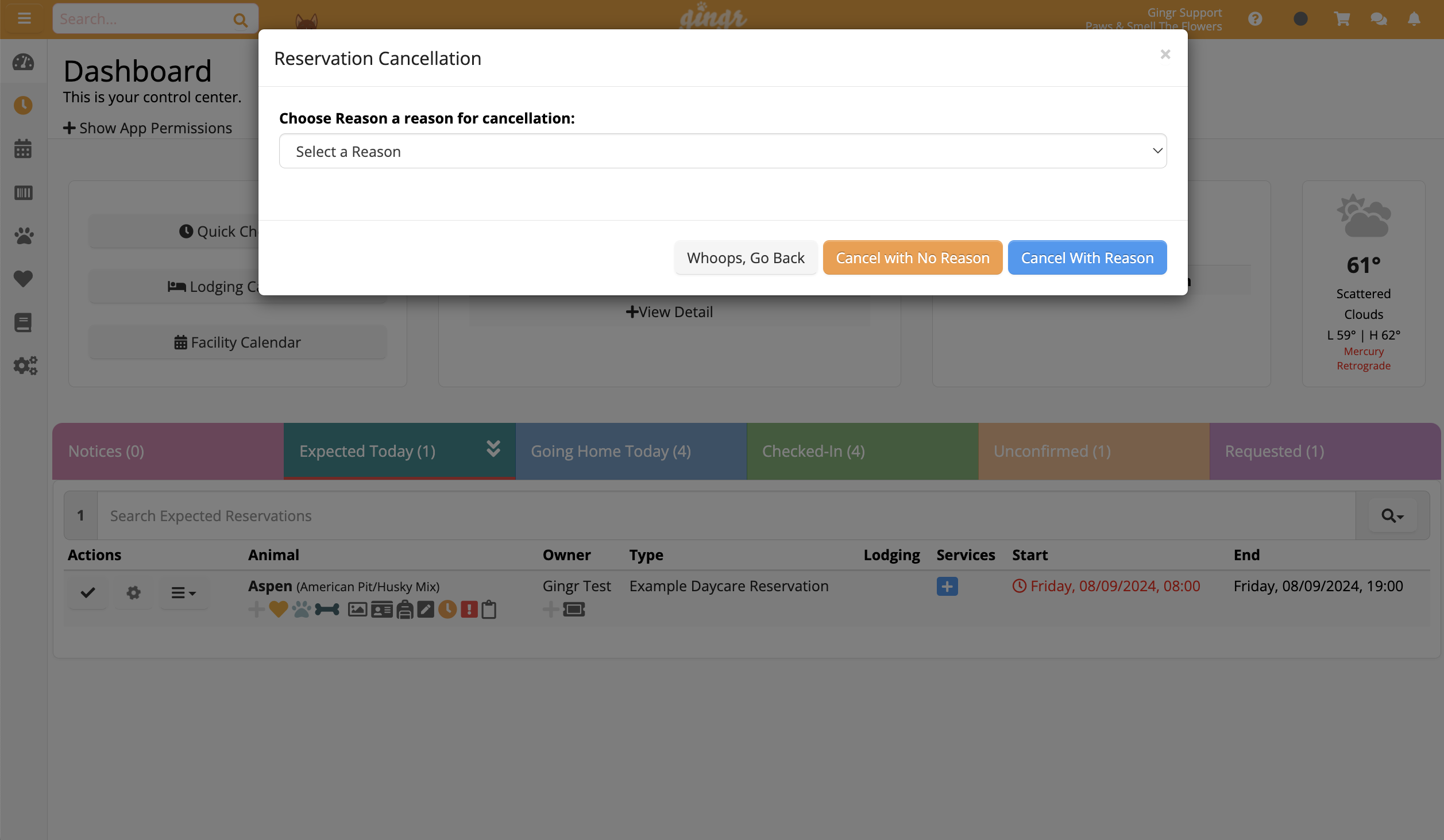 Reservation cancellation popup on dashboard.