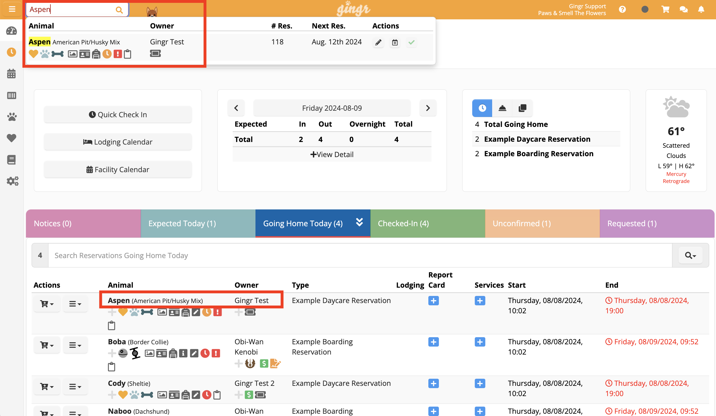 Pet reservation system interface screenshot.